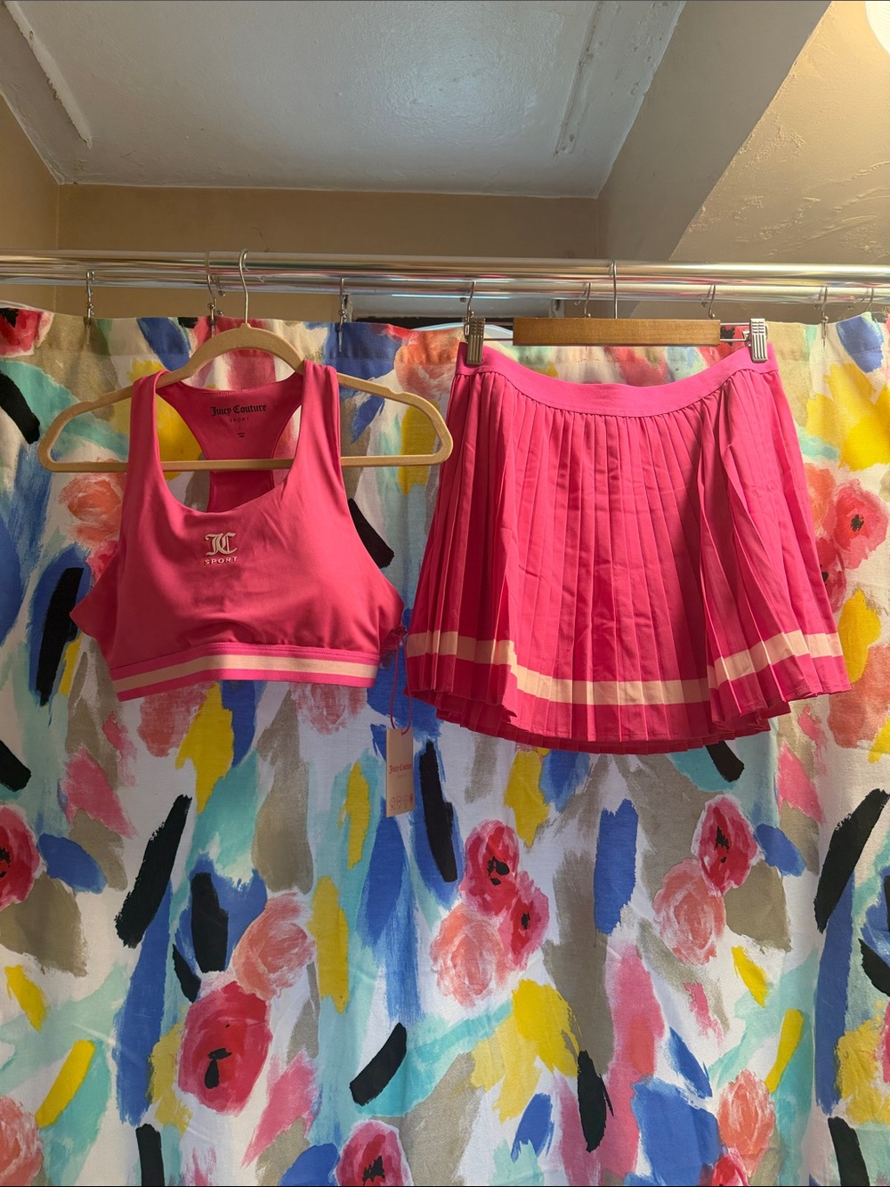 NWT Juicy Couture Sport Hot Pink Pleated Tennis Skirt & Matching Sports Bra Set